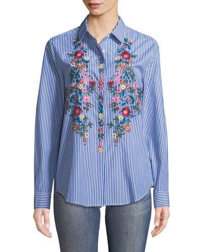 Embroidered Striped Button-front Blouse