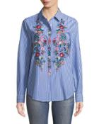 Embroidered Striped Button-front Blouse