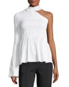 Cossette Mock-neck One-shoulder Smocked Poplin Blouse