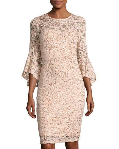 Bell-sleeve Lace Short Dress, Peach