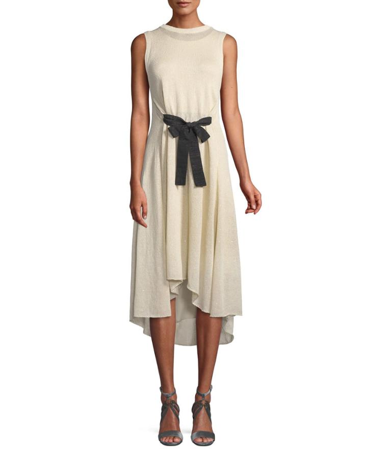 Sleeveless Bow-waist Shimmer-knit