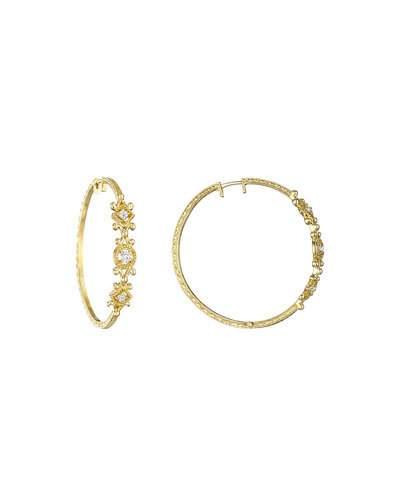 18k Yellow Gold & Triple-diamond Hoop Earrings