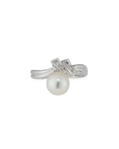 14k White Gold Dangling Pearl & Diamond Ring,