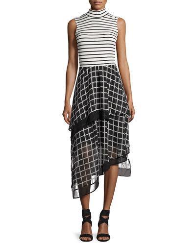 Sleeveless Contrast-print Combo Dress, Black/white