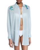 Button-front Long-sleeve Cotton Coverup Beach