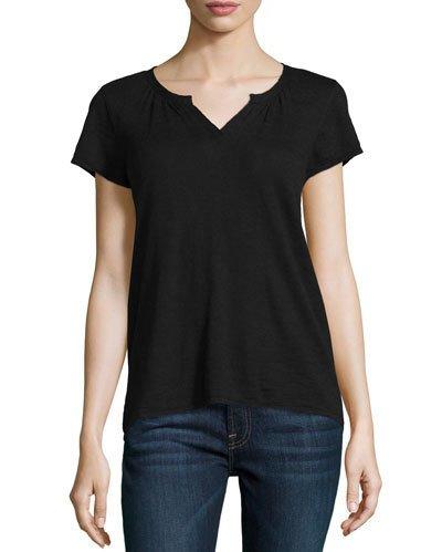 Cap-sleeve Split V-neck Tee, Black