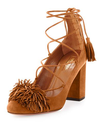 Wild Thing Fringe Block-heel Pump, Cognac