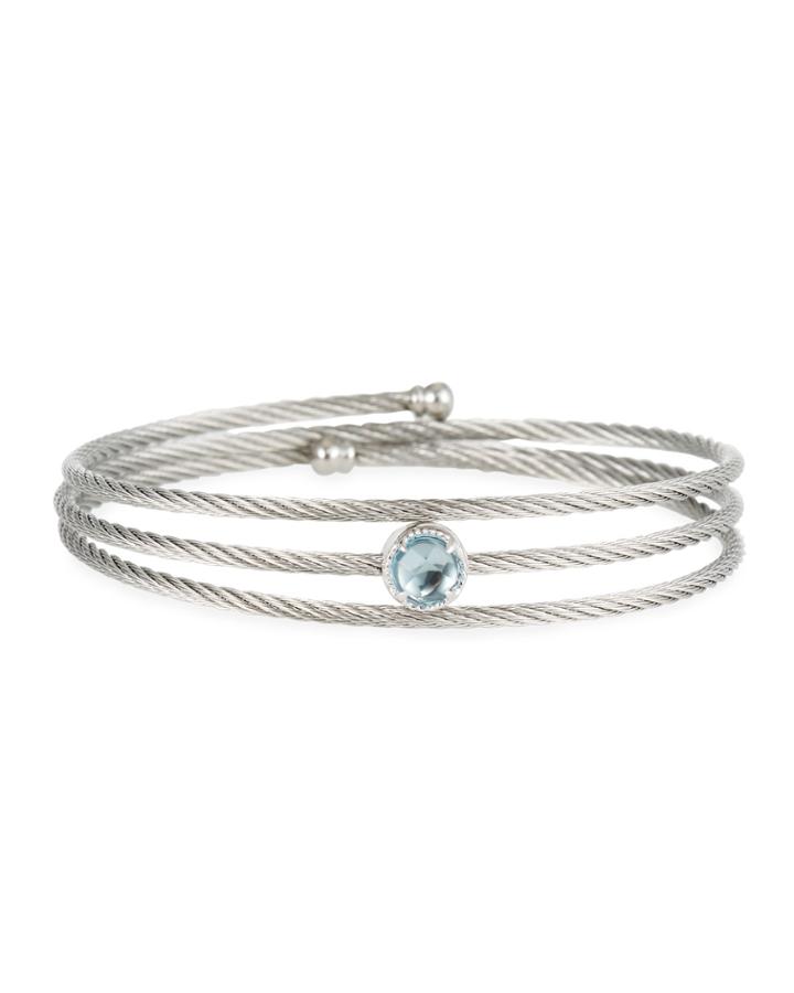 Black Cable Triple-wrap Bangle Bracelet With Blue Topaz