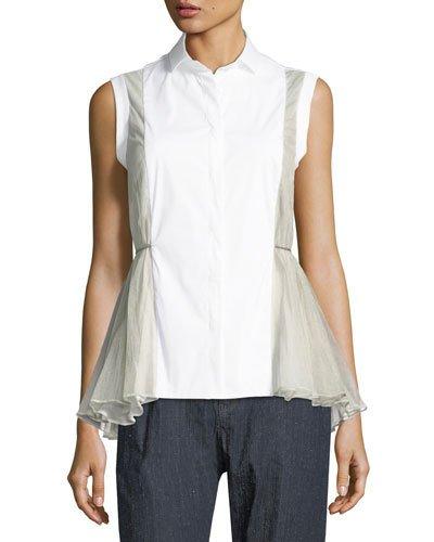 Sleeveless Tulle-waist Poplin Top