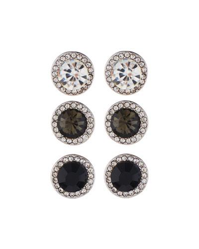 Round Crystal Stud Earring Trio, Set Of Three, Black