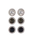 Round Crystal Stud Earring Trio, Set Of Three, Black
