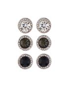 Round Crystal Stud Earring Trio, Set Of Three, Black