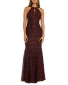 Glitter Lace Halter Gown W/ Scalloped Bodice Detail