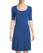 1/2-sleeve Seamed Cotton Dress, Blue