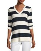 3/4-sleeve Sequin Striped V-neck Pullover