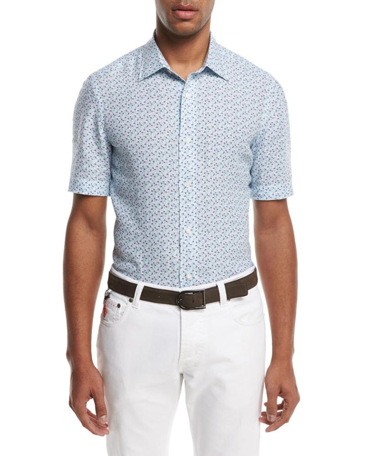 Micro-leaves Short-sleeve Sport Shirt, Blue/green