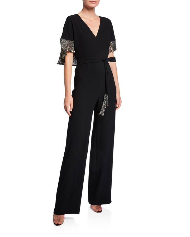 Nur V-neck Jumpsuit With Beaded Fringe Cape