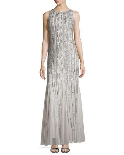 Sleeveless Keyhole-back Sequined & Beaded Godet Gown