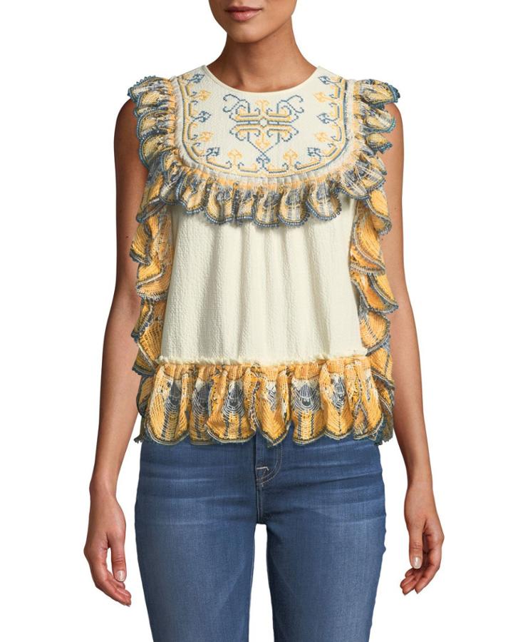 Ruffled-trimmed Embroidered Blouse
