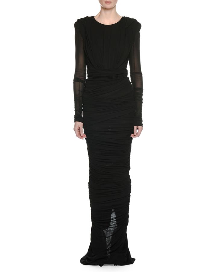 Long-sleeve Round-neck Shirred Evening Gown W/ Hood