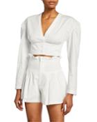 V-neck Button-front Long-sleeve Poplin Crop Top