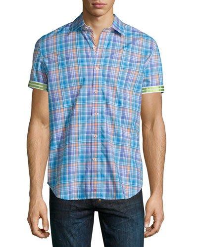 Ronan Multi-check Short-sleeve Shirt, Turquoise