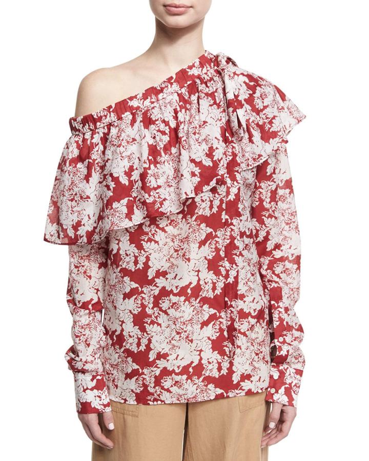 Floral-print One-shoulder Ruffle Top, Crimson