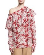 Floral-print One-shoulder Ruffle Top, Crimson