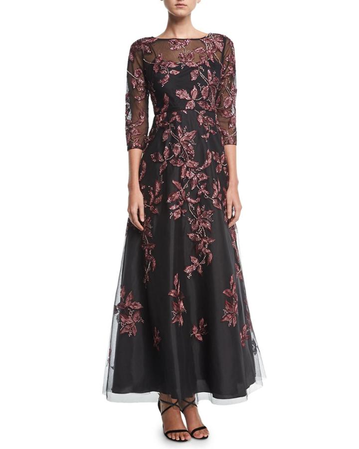 Beaded Embroidered Long-sleeve Illusion Evening Gown