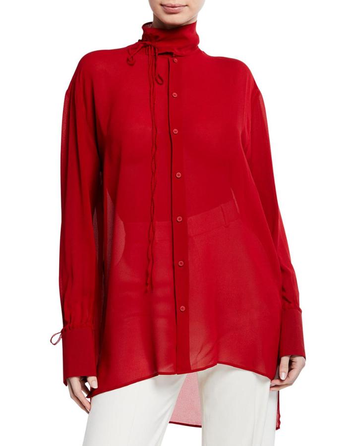 Silk Tie-neck Shirttail Blouse
