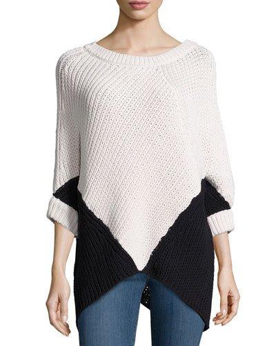 Colorblock Poncho Sweater, White/black