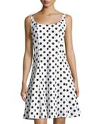 Scoop-neck Polka-dot A-line Dress, White/black