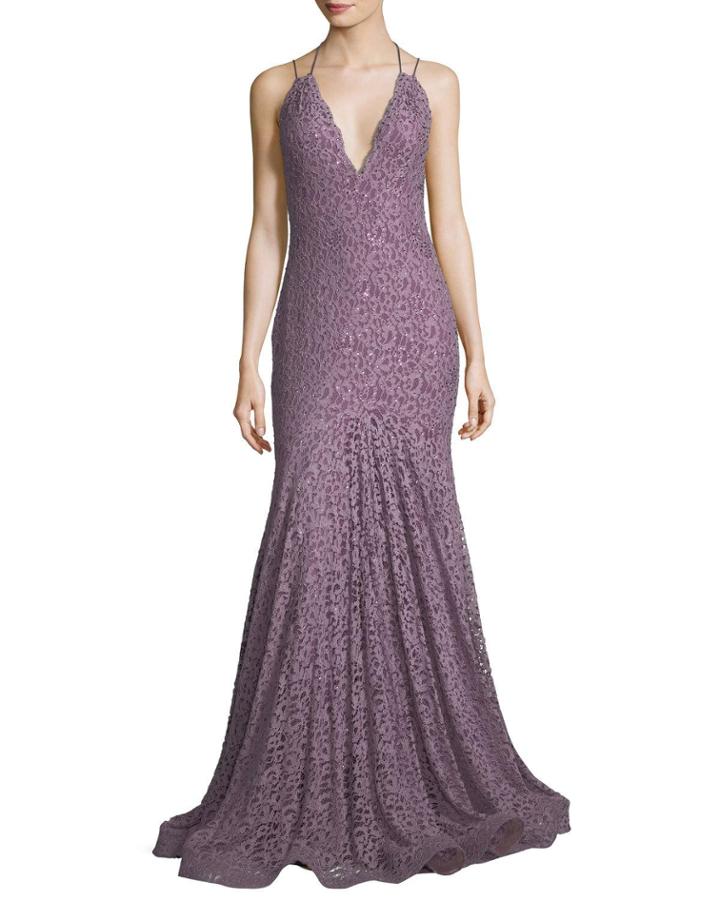 Halter Open-back Sequined Lace Evening Gown