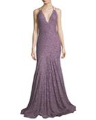 Halter Open-back Sequined Lace Evening Gown