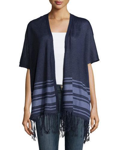 Fringe-trim Striped Open Cardigan, Denim Heather