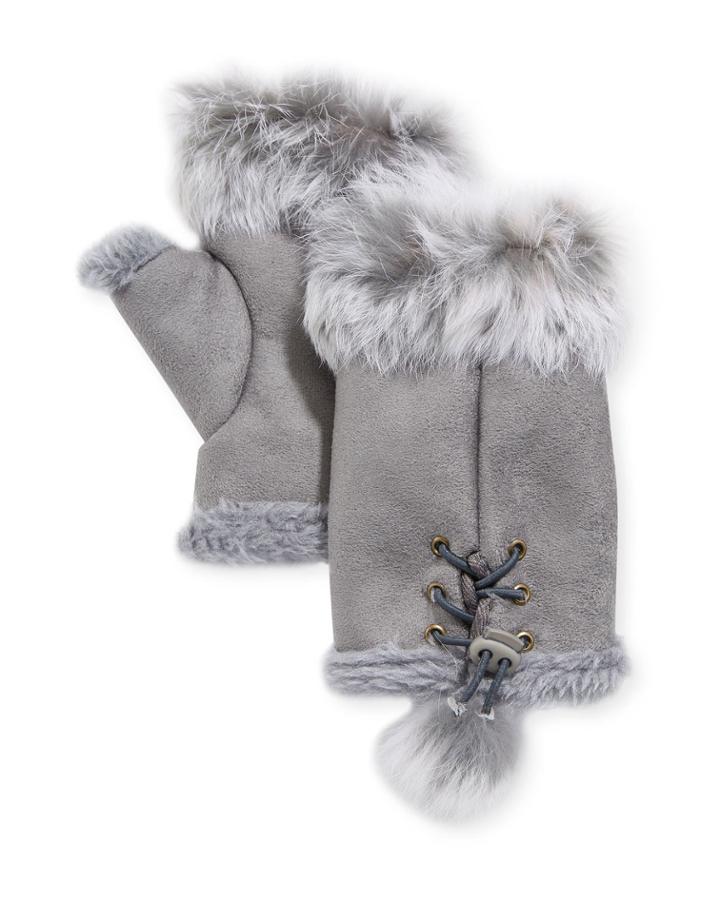 Rabbit Fur-trim Fingerless Gloves, Gray