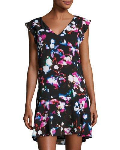 Flounce-hem Floral-print Shift Dress, Black