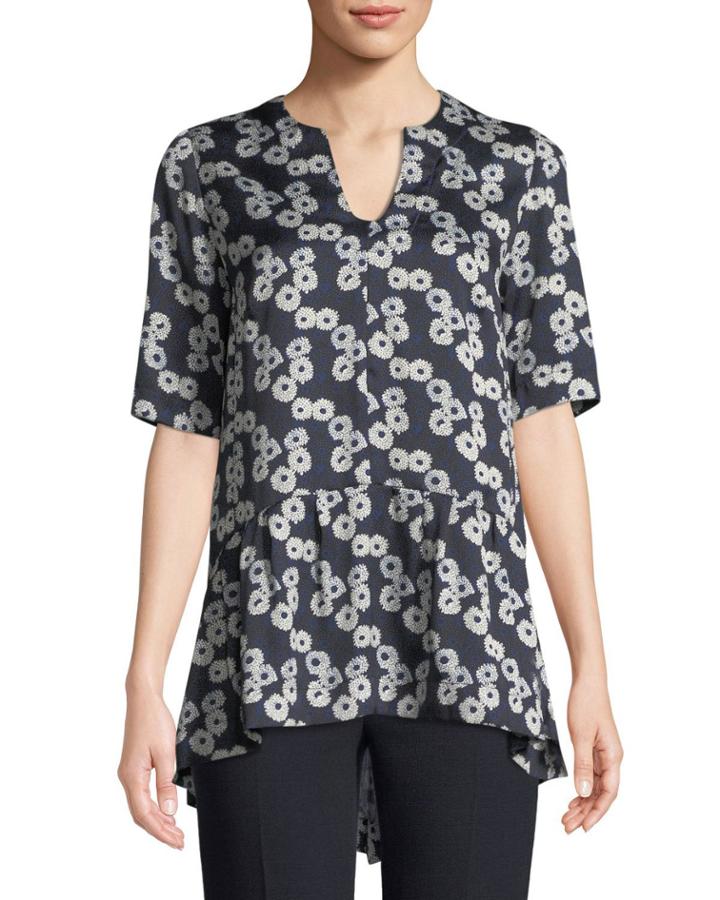 V-neck Short-sleeve Floral-print Flounce-hem Top