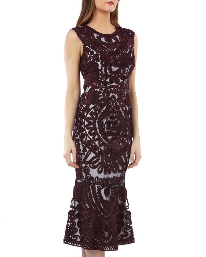 Sleeveless Embroidered Soutache Midi Dress With Flounce Hem