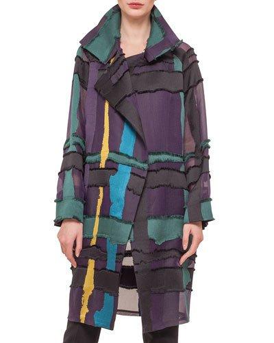 Glen Plaid & Fringed Satin Jacquard Coat