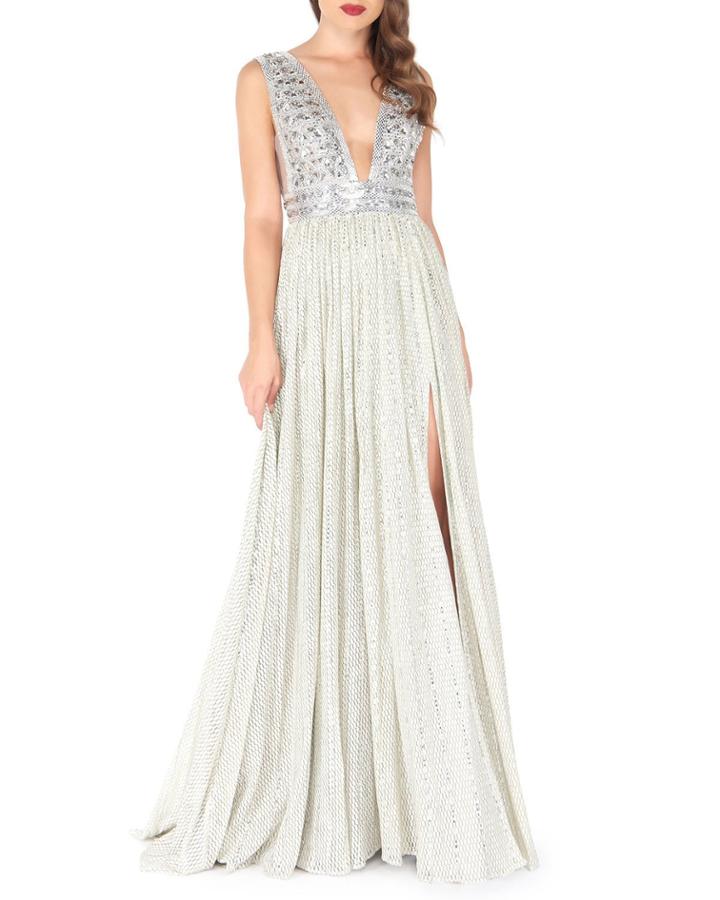 Beaded-bodice Empire-waist Gown