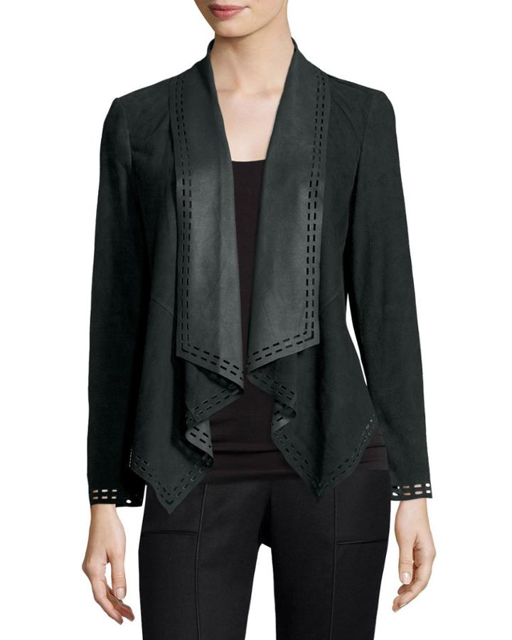 Draped Suede Jacket W/ Laser-cut Border, Olive