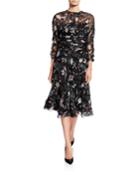 Floral Burnout Shirred-waist 3/4-sleeve Dress