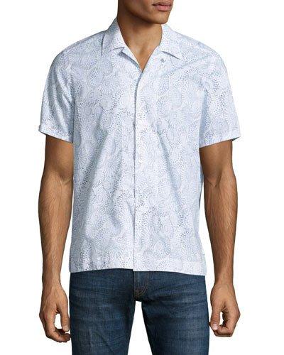 Floral-print Cuban Short-sleeve Shirt, White/navy
