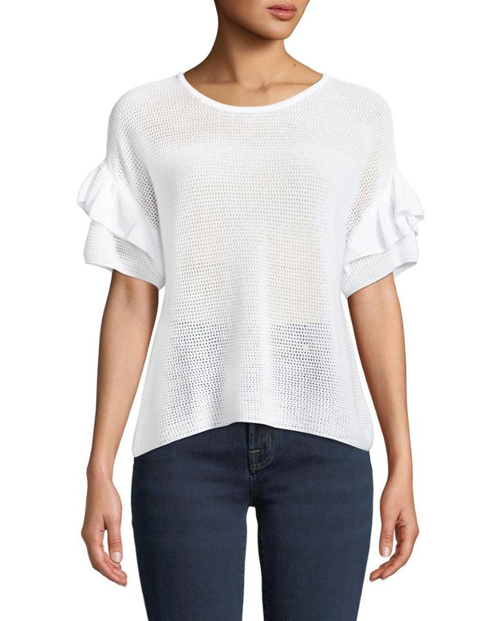 Mesh Ruffle-sleeve Crewneck Blouse