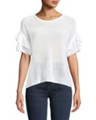 Mesh Ruffle-sleeve Crewneck Blouse