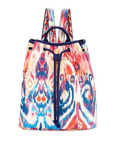 Ikat-print Drawstring Backpack, Navy Pattern