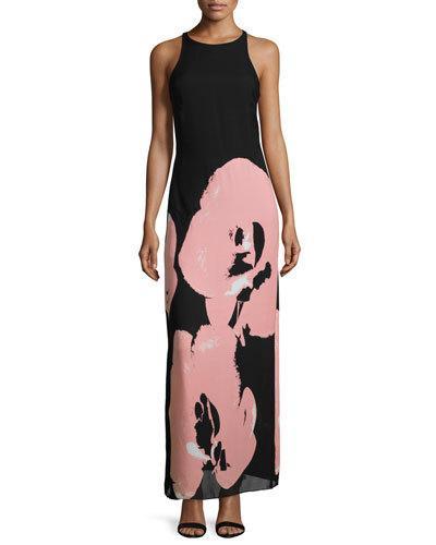 Sleeveless Orchid-print Maxi Dress, Black/parfait