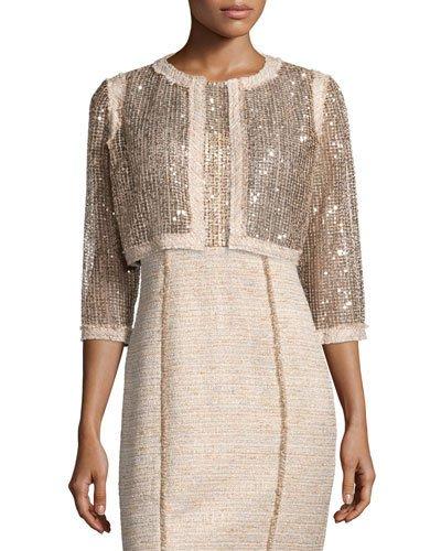 3/4-sleeve Sequined Cropped Jacket W/ Tweed Trim