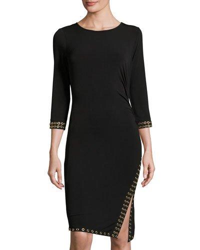 Grommet-trimmed Boat-neck Dress, Black